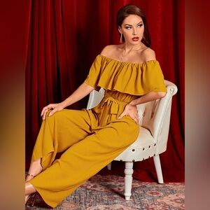 Off Shoulder Ruffle Trim Jumpsuit